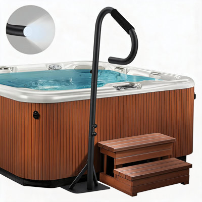 600lbs Heavy Duty Spa Handrail for Hot Tub Safety – 35"–57" Adjustable Height, 360° Rotatable Non-Slip Grip, Slide-Under Base, LED Light for Indoor & Outdoor – Black, 57'' with light