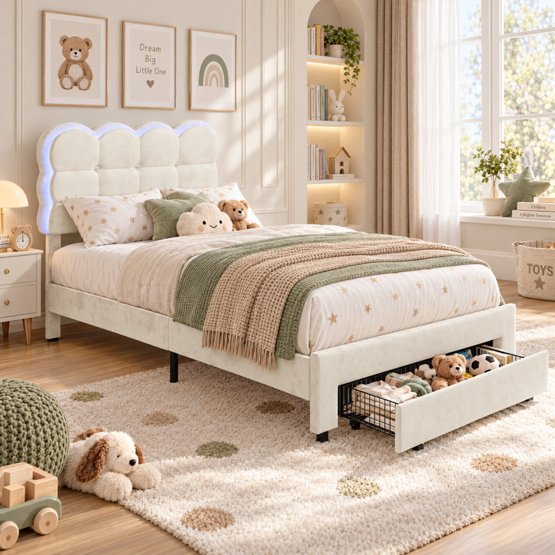 Structure de lit tapissier en velours de style moderne avec lumières DEL, structure de lit simple avec tiroir de rangement et tête de lit réglable, aucun sommier nécessaire