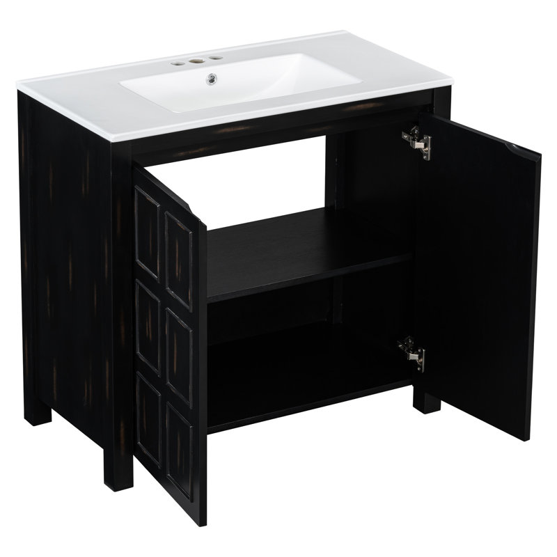 Meuble-lavabo rétro de 36 pouces, bois massif et matériaux céramiques, portes à fermeture en douceur, poignées dissimulées, fabrication facile à installer avec lavabo, élégance vieillie, structure, rangement spacieux