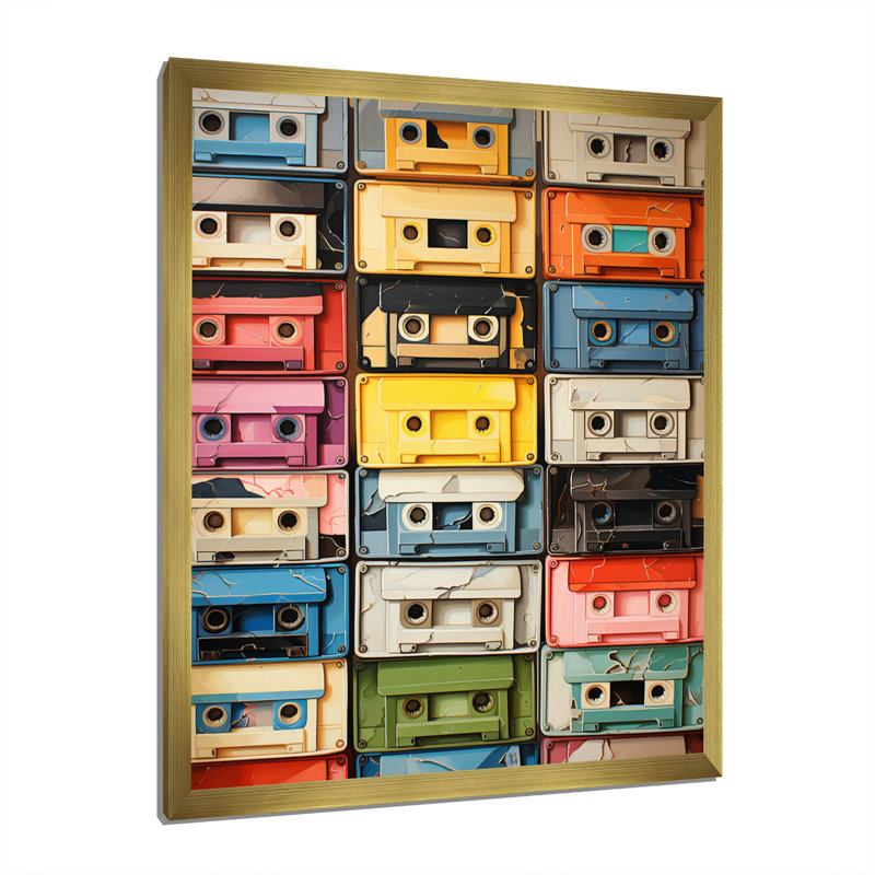 Art mural rétro sur toile, Pop Art Cassette, Popart Cassette Tapes X, Cadre doré, H 40 po x l 30 po x P 1,5 po
