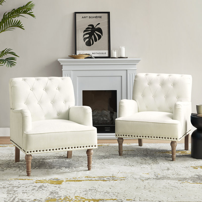 Wilkey Armchair with Tufted Back with Solid Wood Legs, Ivory Polyester