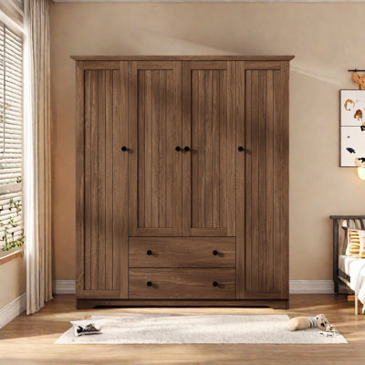 Garde-robe autoportante avec tringle, 2 tiroirs, deux sections de suspension et rangement inférieur - Organisateur de placard classique à grain de bois ou à finition blanche pour la chambre à coucher