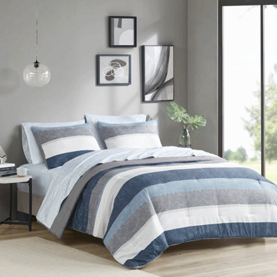 Ensemble de couette à rayures imprimées en polyester avec draps-housses / Gris et bleu Cal King