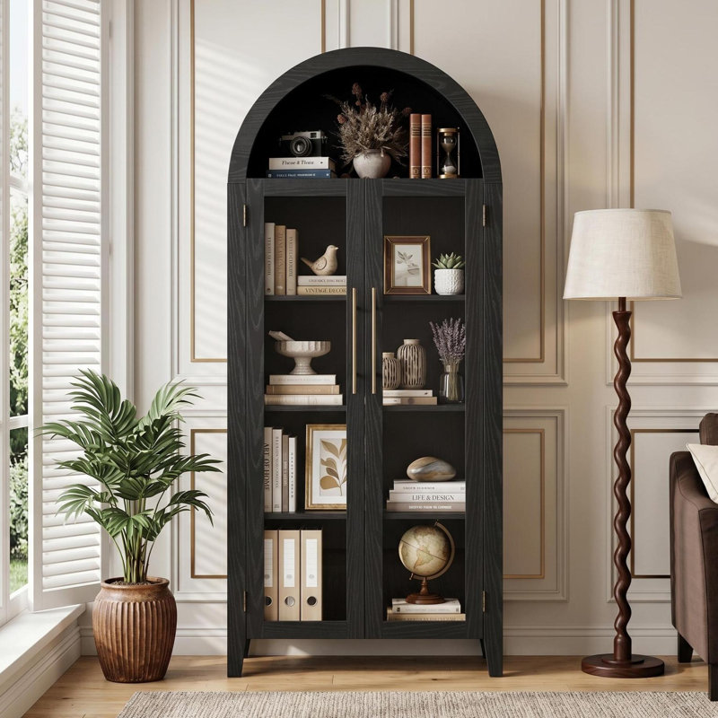 63'' Tall Arched Bookcase with 2 Large Glass Doors, Farmhouse 5 Tier Pantry Storage Cabinet with Adjustable Shelf, for Living Room, Dining, Kitchen, Black