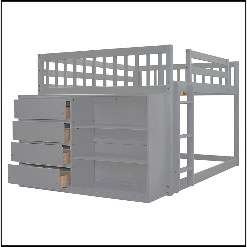 Lit superposé double avec 4 tiroirs et 3 tablettes, Gris