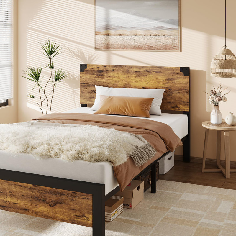 Cadre de lit avec tête de lit en bois, cadre de lit plateforme avec rangement sous le lit, Simple