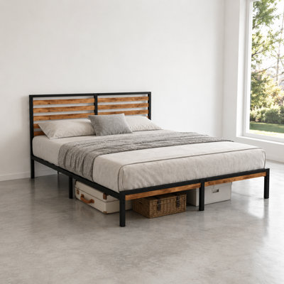 Queen Size Heavy Duty Metal Platform Bed Frame with Wood Headboard, Under Bed Storage Space, Noise-Free Mattress Foundation with Reinforced Support Slats