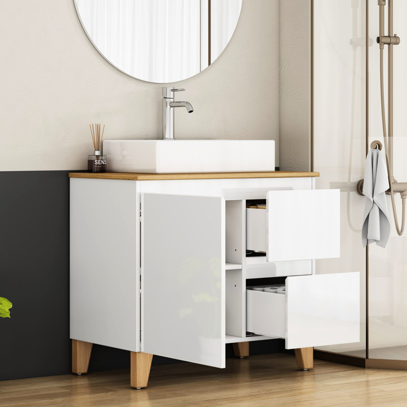 Lavabo de meuble-lavabo moderne 31,5 pouces avec 1 porte et 2 tiroirs, en bois massif naturel à fermeture douce, lavabo carré en céramique, blanc brillant pour salle de bain d'invité, 31,5 pouces, blanc