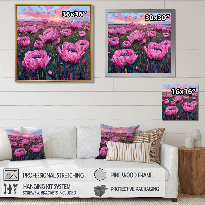 «Summer Tulips Sunset Meadow - Tulipes», reproduction d'art murale, Toile avec cadre flottant noir