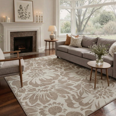 Veridian Floral Machine Washable Yellow / White Indoor Area Rug with Non-Slip Backing