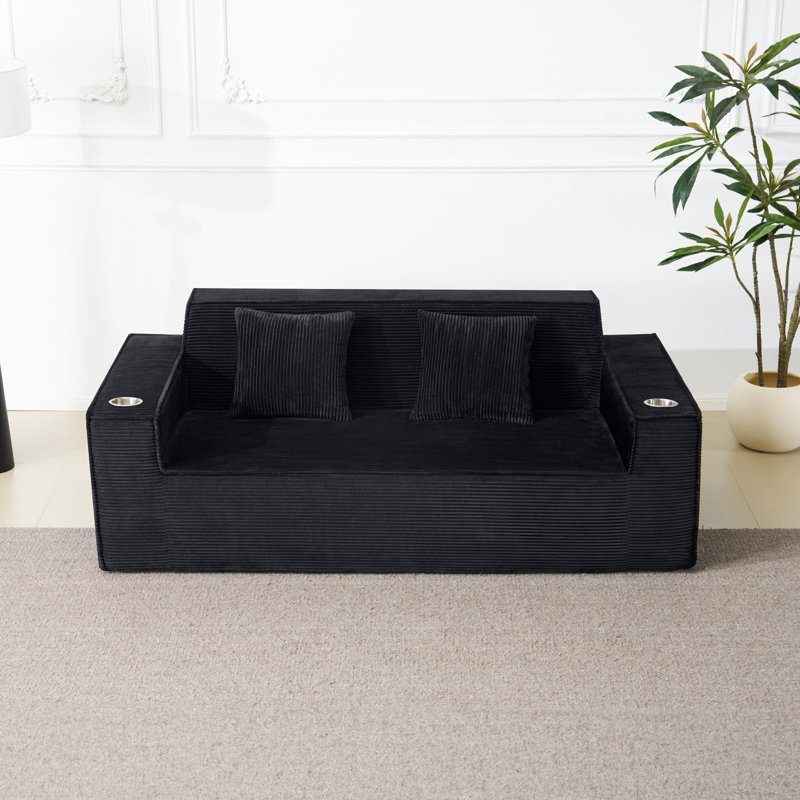 76" Chenille Square Arm Loveseat Sofa, 2 Seater Small Sofa Couch With Cup Holders, Black
