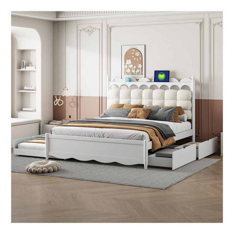 Grand lit plateforme en bois avec 2 grands tiroirs, lit gigogne simple TG, 1 ensemble de prises et ports USB, blanc