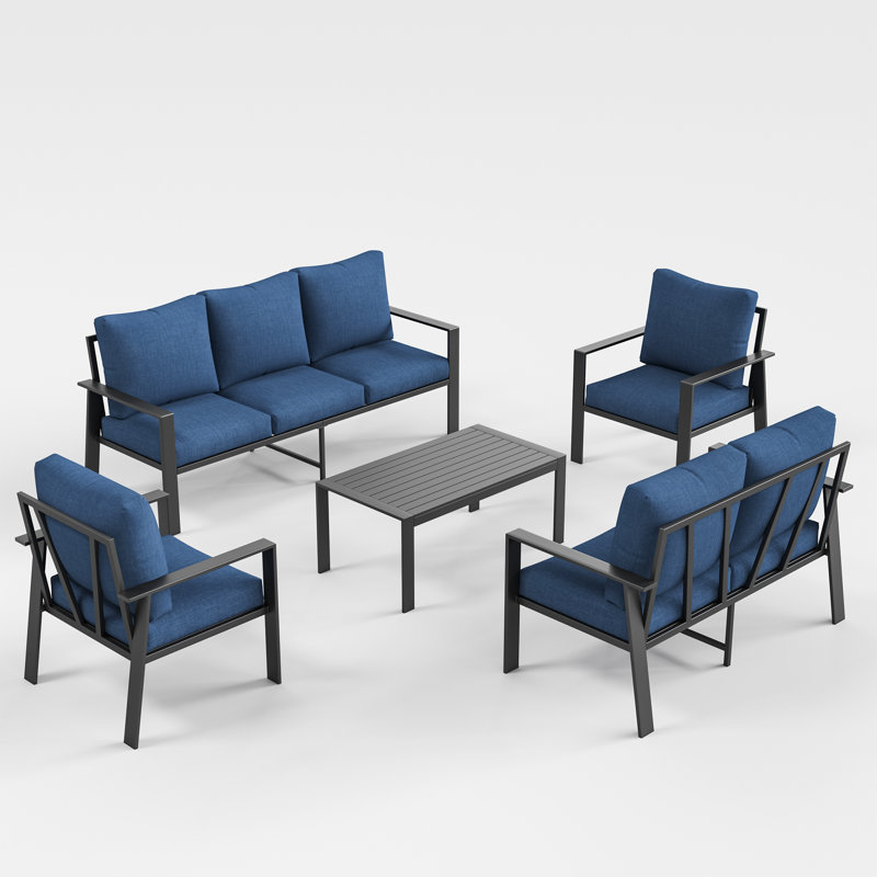 Ensemble de conversation avec canapé 7 personnes et table basse, Coussin bleu / cadre gris