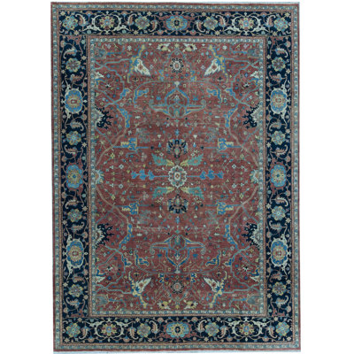 Tapis rouge et bleu foncé de haute qualité noué à la main