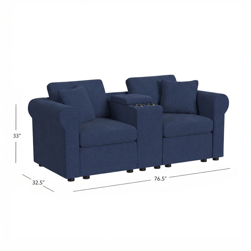 Causeuse modulaire à accoudoirs roulés 2 places 76,5 po avec console de rangement Lockheart, Bleu
