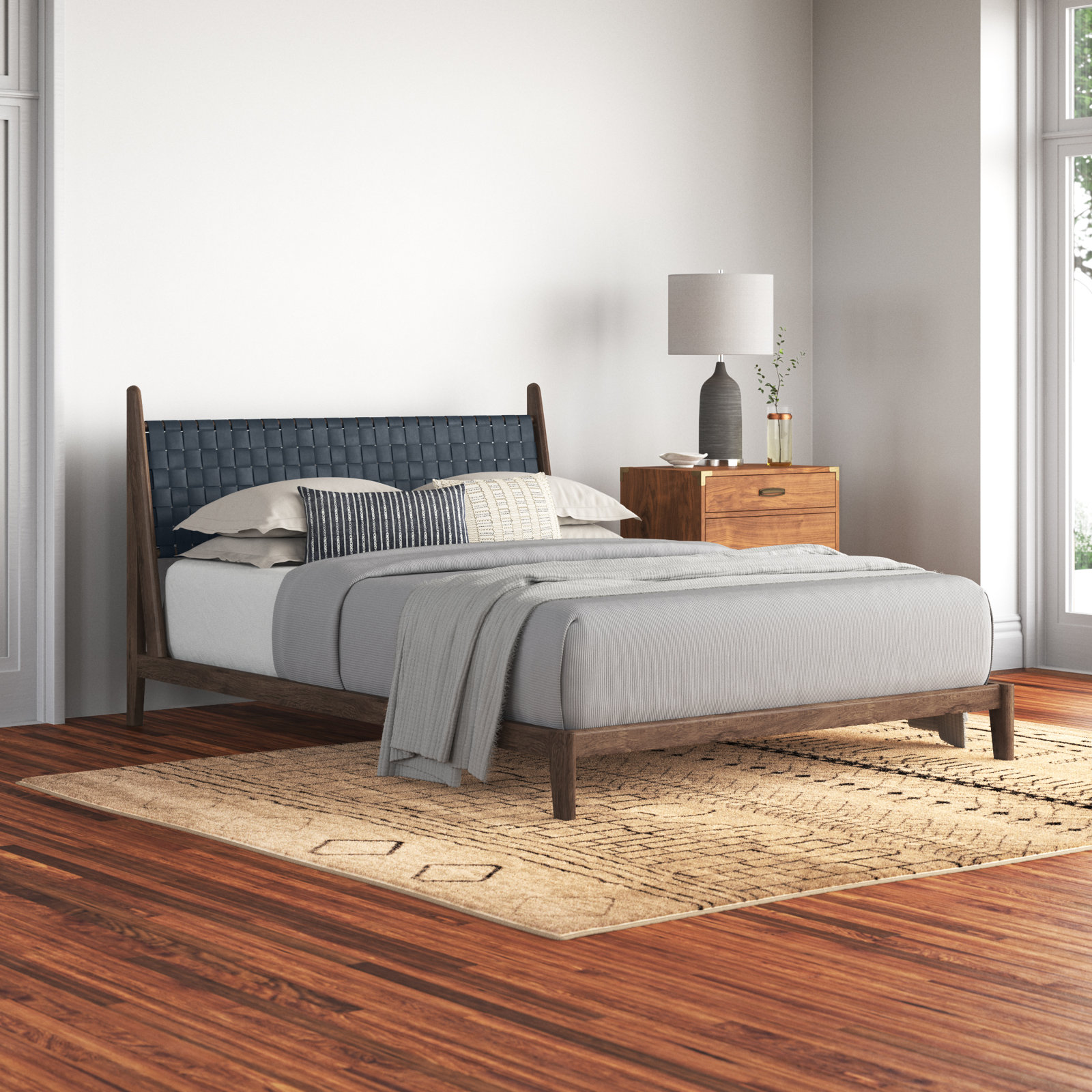 Kacy Genuine Leather Teak Bed, Black