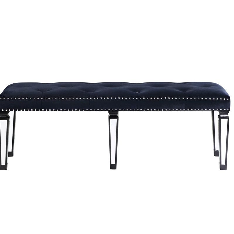 Dark Navy Velvet Bench With Mirrored Leg Inlays For Bedroom Delight And Allure Magnetism
