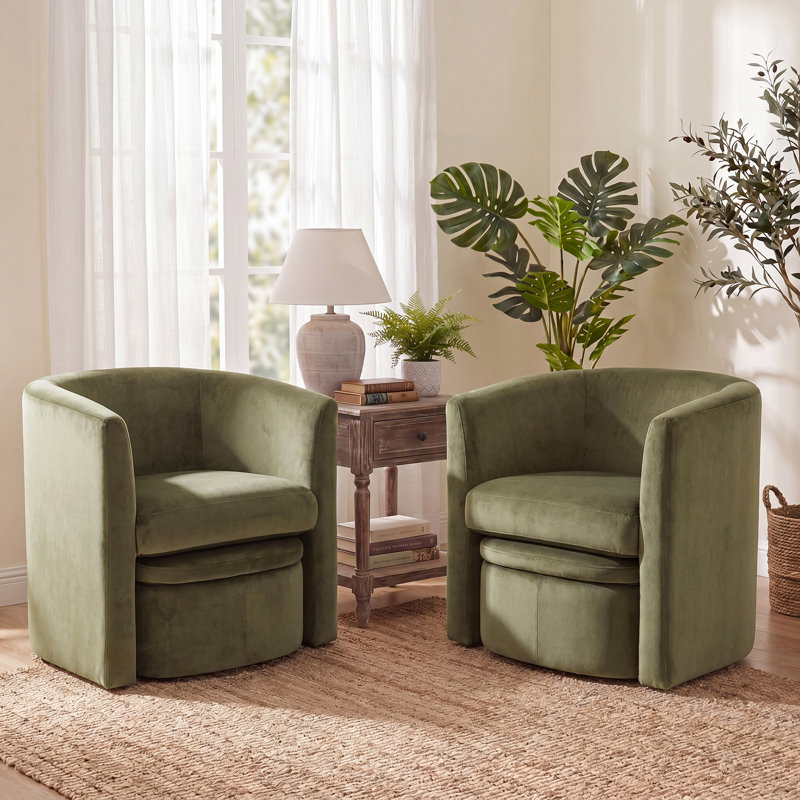 Kyah Upholstered Barrel Chair with Footstool, Green Velvet