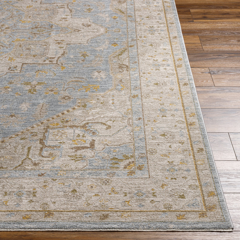Tapis bleu clair en polyester tissé à la machine Don, Rectangle 7 pi 10 po x 10 pi 3 po