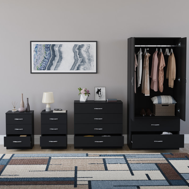 Tayce 4 Piece Bedroom Set (3 Drawer Bedside Chest X2, 5 Drawer Chest, 2 Door 2 Drawer Wardrobe), Black