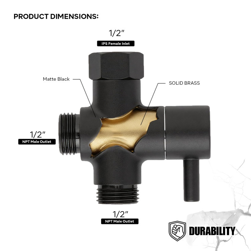 Brass Shower Arm Diverter for Fixed Shower Head with 2-Way Diverter, Matte Black