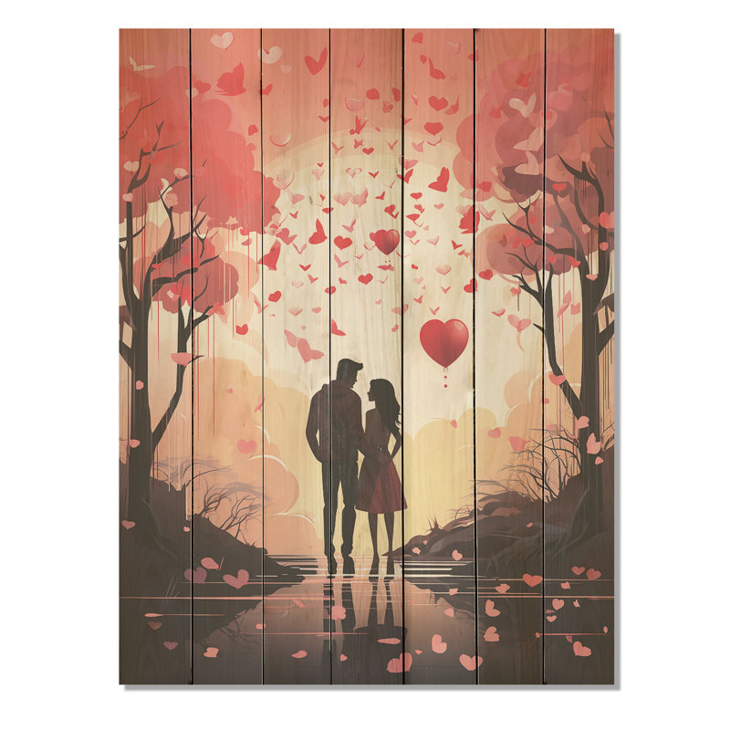 Couple Love Under The Tree III - Paysage romantique sur bois, H 20 po x l 10 po