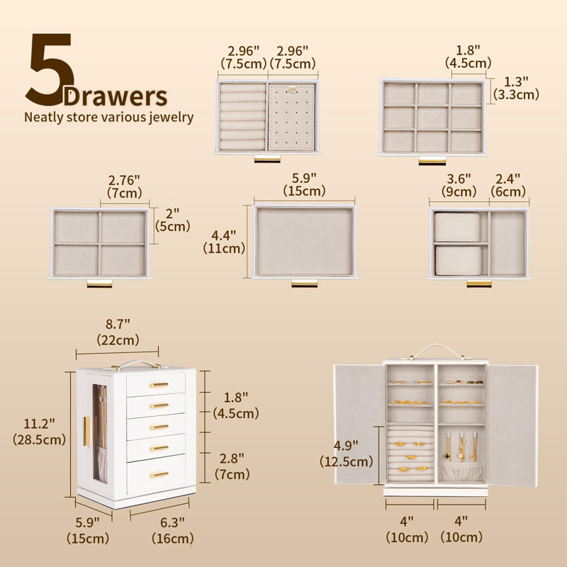 White MDF 360° Rotating Jewelry Storage Box with Glass Windows