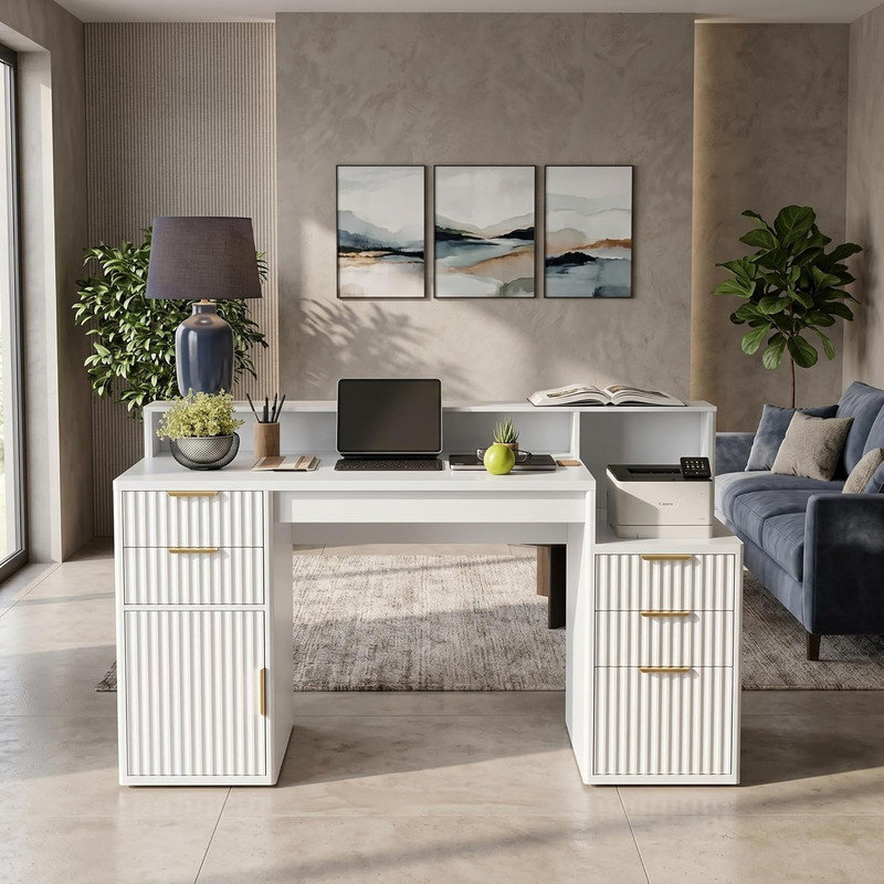 Bureau d'ordinateur rectangulaire avec huche et support pour imprimante - Rangement à porte ondulée, peu encombrant pour la chambre à coucher