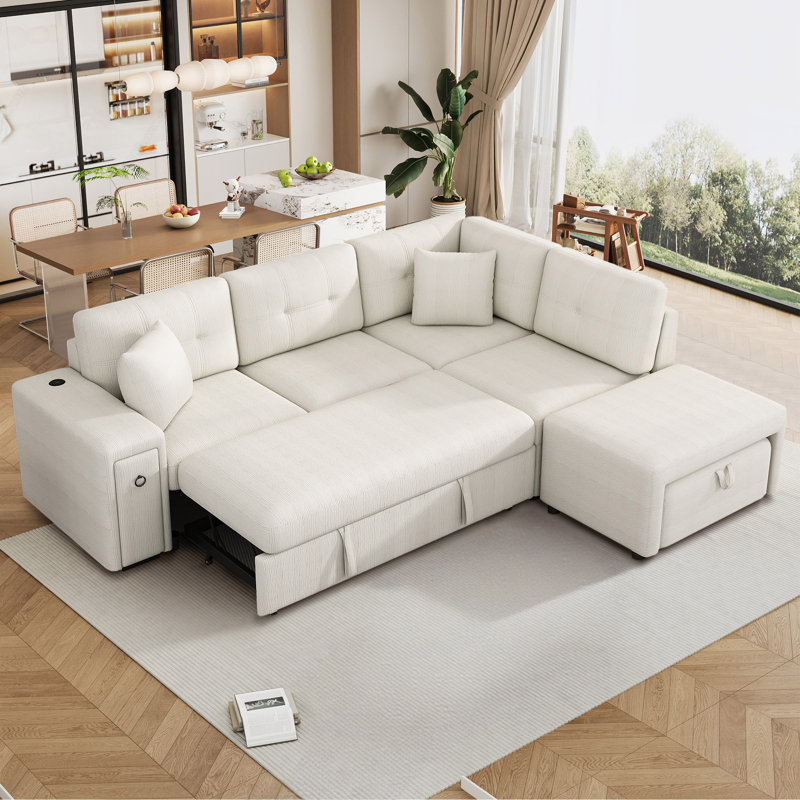 86.6" L-Shaped Sleeper Sofa Bed, Upholstered Sectional with Ottoman and Pillows, Beige Chenille