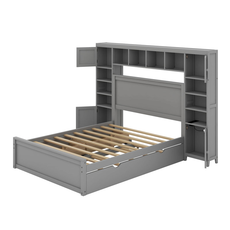 Lit avec armoire tout-en-un, tablette et lit gigogne, gris, Grand