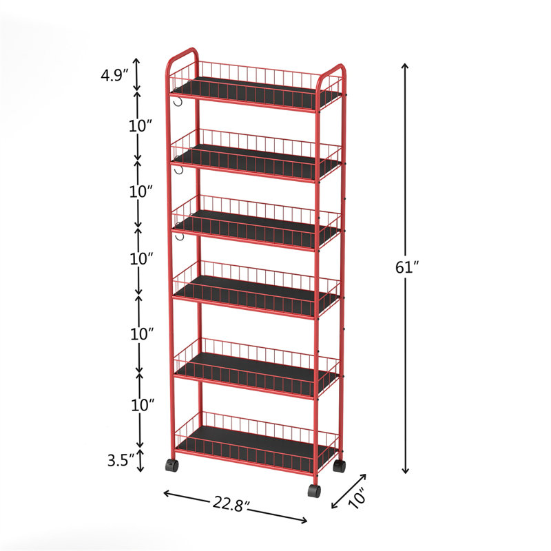 6-tier Rolling Cart, Gap Kitchen Slim Slide Out Storage Tower Rack With Wheels, 61" H x 22.8" W x 6" D