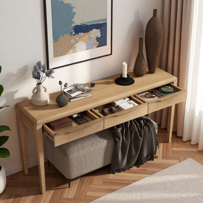 Console élégante avec poignées incurvées en forme de vague, conception à coins doux et 3 tiroirs, Naturel