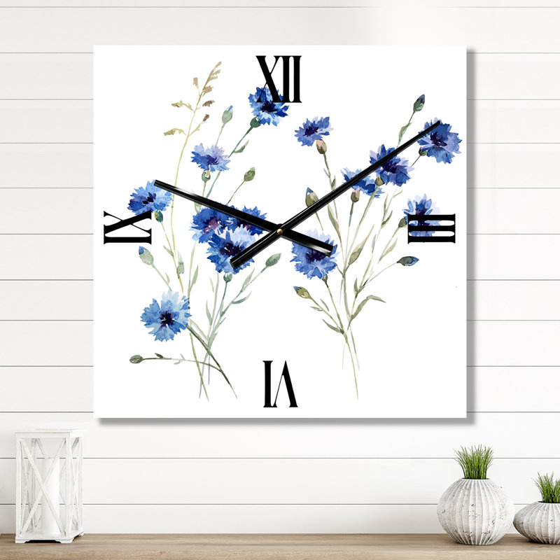 Blue Cornflowers with Green Leaves III - Traditional Wall Clock, Small