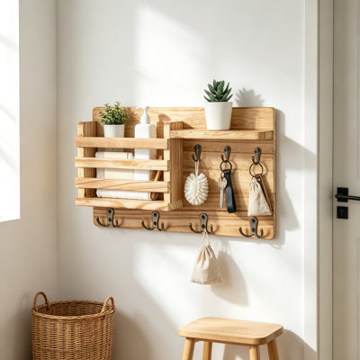 Organisateur de courrier mural avec crochets à clés, support de rangement de ferme avec tablette flottante et quincaillerie encastrée, porte-courrier en bois pour couloir, entrée