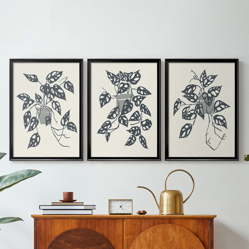 Growing Leaves I - Toile tendue avec châssis sur mesure - 3 pièces, H 21 po x l 30 po, Noir