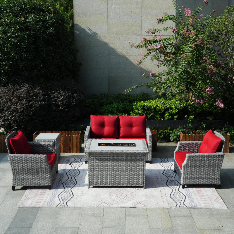 Woodrum Wicker 4 - Person Patio Conversation Set with Cushions, Red