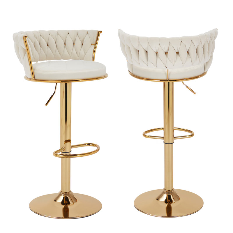 George Set of 2 Bar Stools with Woven Velvet Upholstered Backrest, Height Adjustable Counter Stools, Swivel Kitchen Stools for Kitchen Island, Bar, White