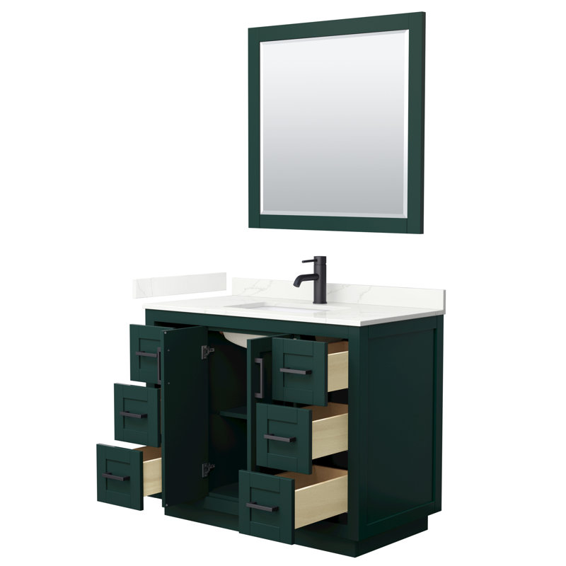 Miranda 42" Freestanding Single Bathroom Vanity with Quartz Top with 34" Mirror, Giotto Quartz, Green, Matte Black