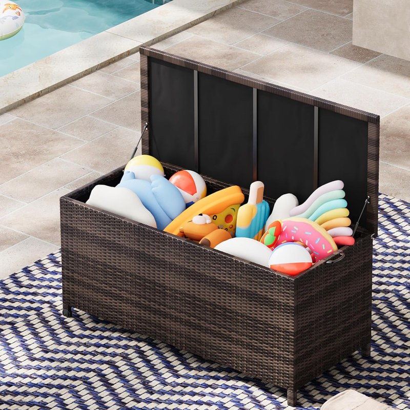 125 Gallon Large Deck Box Waterproof PE Rattan Outdoor Storage Box with Handles and Wheels, Storage Bin for Garden, Balcony, Porch, Pool, Yard