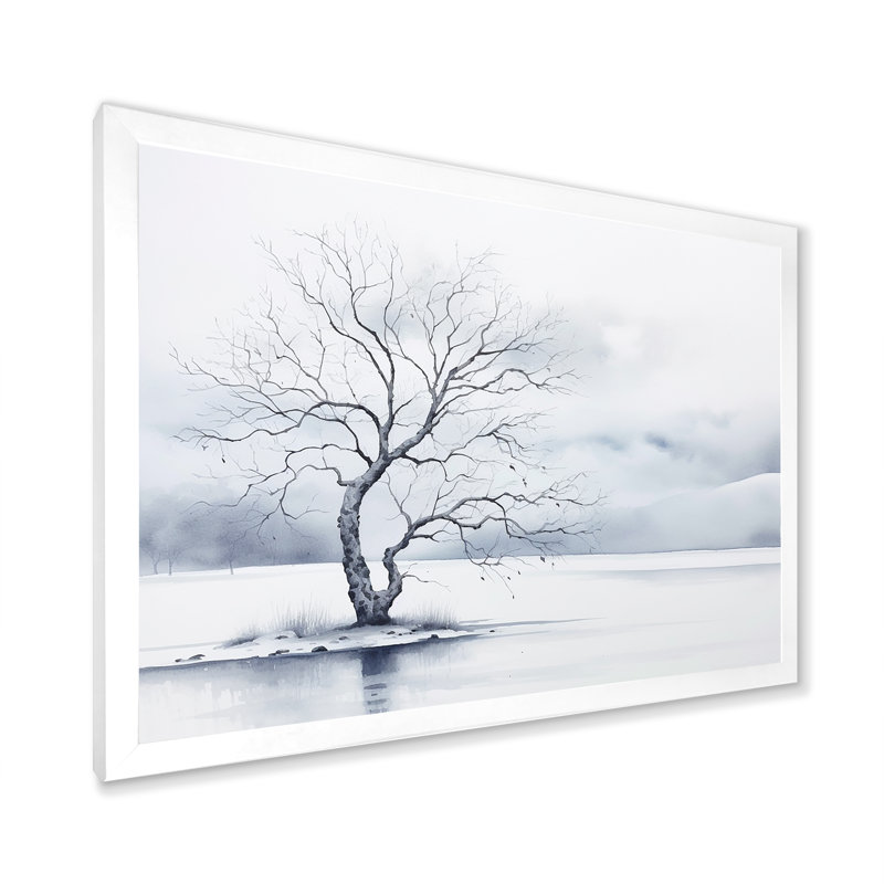 Winters Tree Minimalisme I - impression d'art mural arbre, H 16 po x l 32 po x P 1 po, Cadre simple blanc