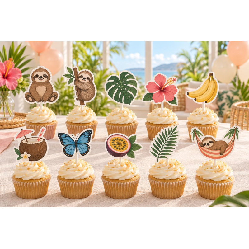 Sloth Celebration Cupcake Toppers, 10 Different Tropical Designs, Cardstock Birthday Decorations