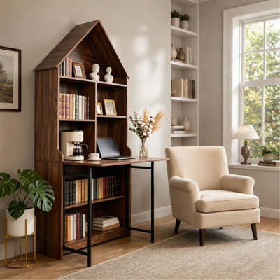 Folding Craft Desk with Storage Shelves, Convertible Hideaway Desk to Bookshelf, Space-Saving