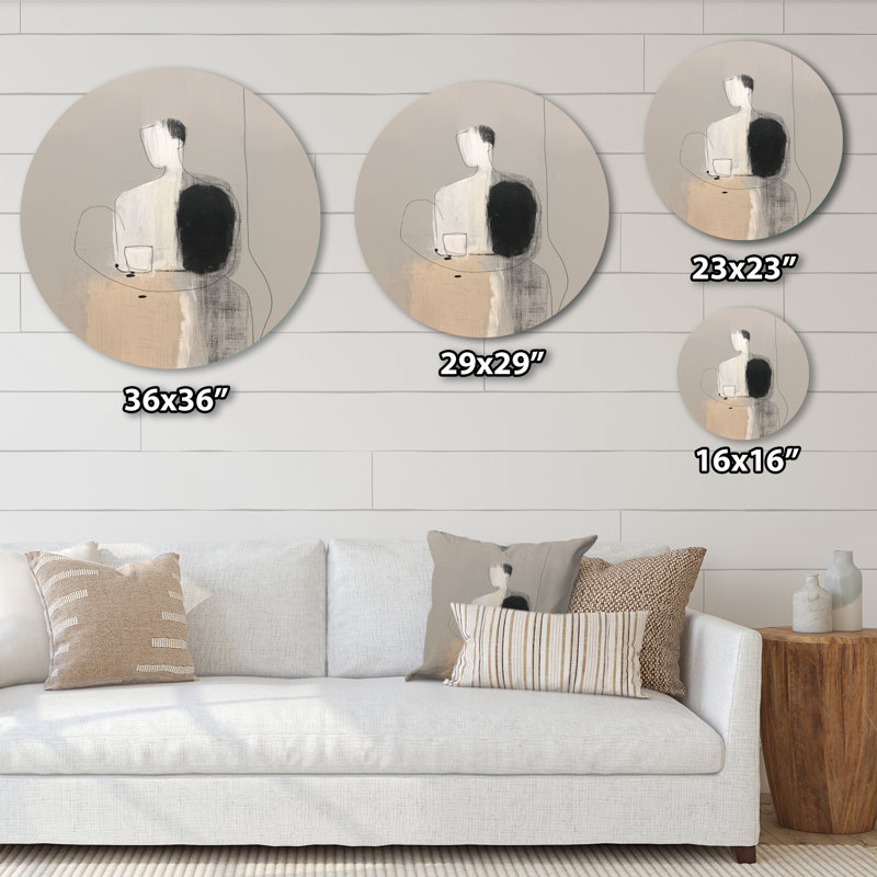 Formes noires avec mélange abstrait de minimalisme gris - art mural moderne en métal rond, L 36 po x H 36 po