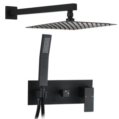 Bathroom Shower System Matte Black - Brass, Handheld With Focused Spray And Rain Wall Mounted 10 Inch Head Hand For Bath