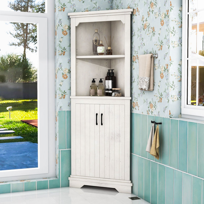 Tall Corner Bathroom Storage Cabinet with Adjustable Shelves and Doors, Beige
