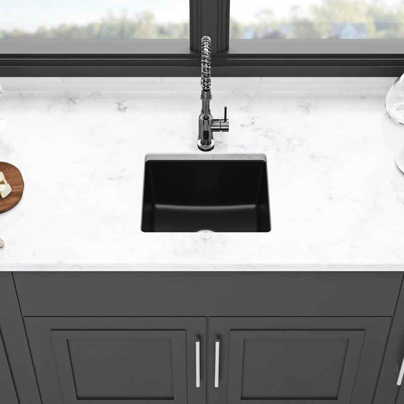 Black Quartz Undermount Kitchen Sink 17.71"X16.03" - Advanced Composite For A Stable Sink, Eliminates Noise And Dirt, Non Porous Cleaner Surfaces, Rounded Design, Comes With Guide Bottom Grid Granite