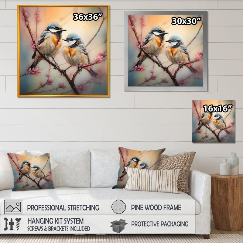 Deux oiseaux bleus sur un arbre en fleurs II - Art mural floral pour salon, H 16 po x l 16 po, Cadre flottant brun