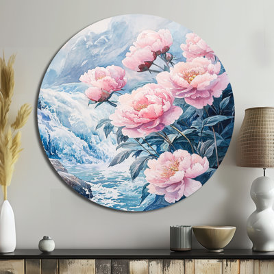 Pivoine hivernale et la rivière Glacier I - reproduction d'art traditionnelle rose en métal
