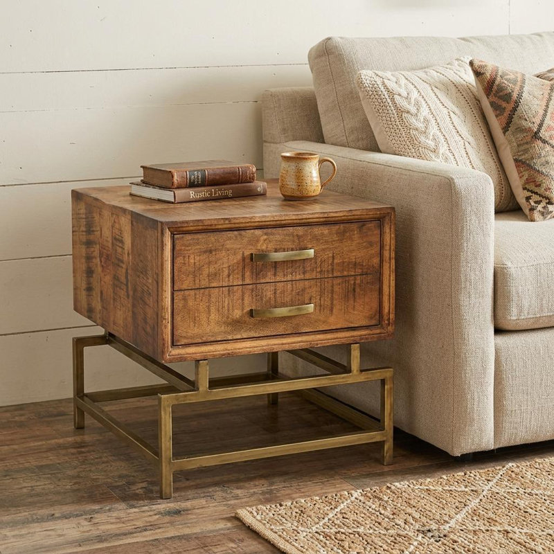 Gillham 21" Brass And Brown Solid Wood And Iron Square End Table With Drawer