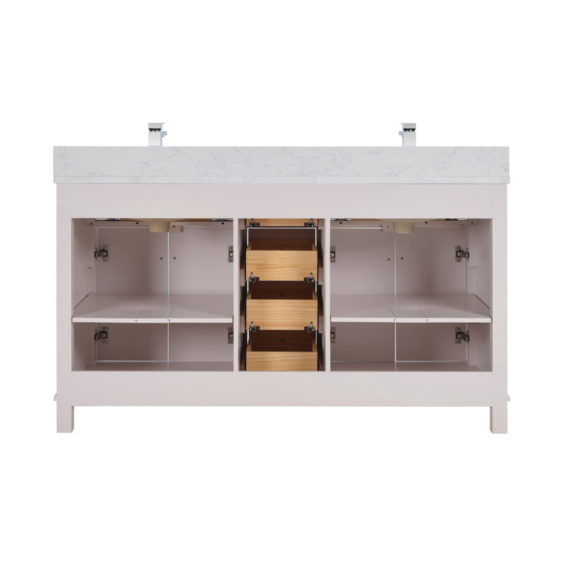 Meuble-lavabo en bois massif 60 po avec comptoir en pierre reconstituée et lavabo double 60 po, Blanc rêveur, Chrome poli